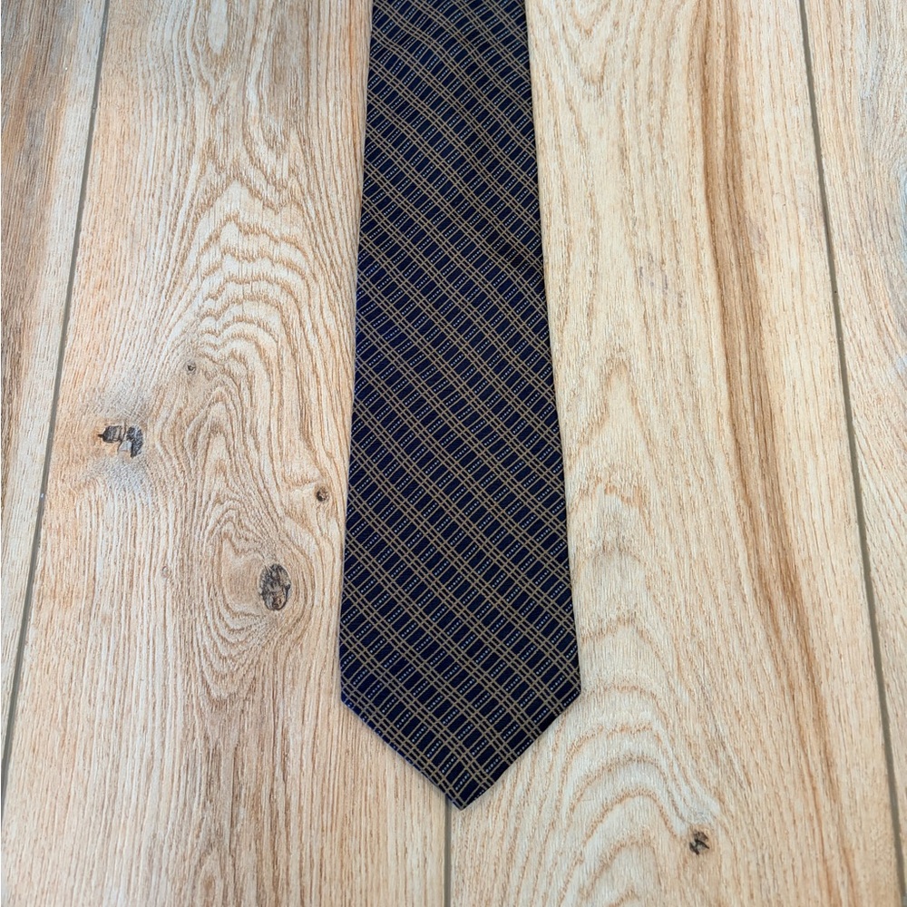 Men's Calvin Klein Navy and Brown Plaid Silk Tie - Classic Pattern